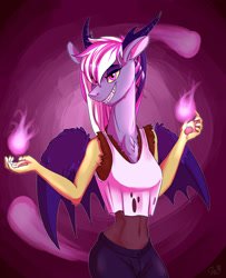 Size: 1024x1260 | Tagged: safe, artist:passigcamel, oc, oc only, oc:pandora, parent:discord, parent:twilight sparkle, parents:discolight, species:anthro, species:draconequus, pandoraverse, anthro oc, belly button, breasts, clothing, draconequus oc, female, genderfluid, hybrid, interspecies offspring, looking at you, magic, next generation, nonbinary, offspring, simple background, solo