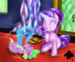 Size: 2800x2300 | Tagged: safe, artist:eifiechan, character:spike, character:starlight glimmer, species:dragon, species:pony, species:unicorn, book, cute, duo, female, glimmerbetes, hand, laughing, magic, magic hands, mare, smiling, spikabetes, tickling, twilight's castle