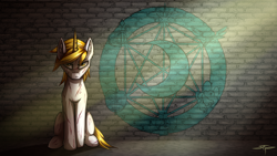 Size: 2464x1386 | Tagged: safe, artist:setharu, oc, oc only, oc:goldenblood, species:pony, species:unicorn, fallout equestria, fallout equestria: project horizons, crepuscular rays, emblem, ministry of arcane sciences, ministry of awesome, ministry of image, ministry of morale, ministry of peace, ministry of wartime technology, scar, solo, symbols, wall