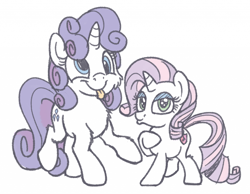 Size: 1280x995 | Tagged: safe, artist:pirill, character:rarity, character:sweetie belle, species:pony, 30 minute art challenge, :t, blep, cheek fluff, chest fluff, derp, duckface, eyeshadow, female, filly, fluffy, leg fluff, lidded eyes, makeup, mane swap, mare, raised hoof, raised leg, shoulder fluff, silly, simple background, smiling, smirk, solo, tongue out, white background