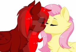 Size: 1024x705 | Tagged: safe, artist:melodytheartpony, character:fluttershy, oc, species:pony, canon x oc, kissing, simple background, watermark, white background