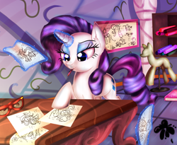 Size: 2800x2300 | Tagged: safe, artist:eifiechan, character:rarity, species:pony, species:unicorn, carousel boutique, drawing, eyeshadow, fabric, female, glasses, glowing horn, lidded eyes, magic, makeup, mannequin, mare, ponyquin, sketch, solo