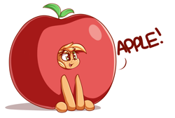 Size: 2320x1555 | Tagged: safe, artist:graphene, character:applejack, species:earth pony, species:pony, apple, applejack becoming an apple, clothing, costume, cute, dialogue, eye clipping through hair, female, food, food transformation, jackabetes, mare, silly, silly pony, simple background, solo, that pony sure does love apples, transformation, white background, who's a silly pony