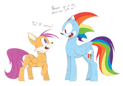 Size: 1280x900 | Tagged: safe, artist:ogaraorcynder, character:rainbow dash, character:scootaloo, character:sonic the hedgehog, species:pegasus, species:pony, crossover, duo, miles "tails" prower, sonic the hedgehog (series), sonicified, wat