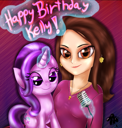Size: 2500x2600 | Tagged: safe, artist:eifiechan, character:starlight glimmer, species:pony, species:unicorn, birthday, duo, female, glowing horn, happy birthday, kelly sheridan, lidded eyes, looking at you, magic, mare, microphone, smiling