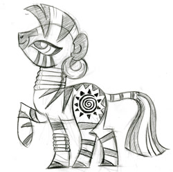 Size: 1104x1100 | Tagged: safe, artist:lauren faust, character:zecora, species:pony, species:zebra, behind the scenes, color me, concept art, ear piercing, earring, female, jewelry, leg rings, mare, monochrome, neck rings, piercing, raised hoof, sketch, solo, what could have been