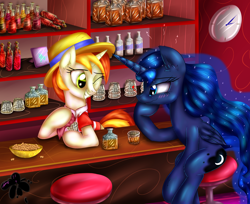 Size: 2700x2200 | Tagged: safe, artist:eifiechan, character:peachy pitt, character:princess luna, species:alicorn, species:pony, alcohol, bar, blushing, clothing, drink, drunk, drunk luna, female, glass, hat, implied lesbian, implied shipping, mare, missing accessory, smiling