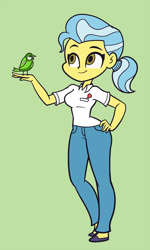 Size: 1080x1800 | Tagged: safe, artist:khuzang, character:doctor fauna, species:bird, my little pony:equestria girls, breasts, clothing, equestria girls-ified, female, green background, hand on hip, pants, shirt, simple background, smiling, solo