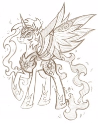 Size: 1629x2071 | Tagged: safe, artist:rossmaniteanzu, character:daybreaker, character:princess celestia, species:alicorn, species:pony, episode:a royal problem, g4, my little pony: friendship is magic, female, raised hoof, sketch, smiling, solo, traditional art