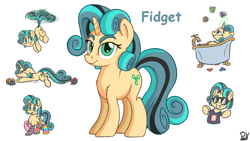 Size: 3840x2160 | Tagged: safe, artist:pirill, oc, oc only, oc:fidget, species:pony, species:unicorn, :t, bathtub, blep, cheek fluff, chest fluff, clothing, cute, eyes closed, falling, female, fidget spinner, floppy ears, fluffy, flying, frown, glowing horn, grin, gritted teeth, levitation, lidded eyes, looking at you, looking up, magic, mare, mismatched socks, object pony, on back, original species, pointing, ponified, prone, raised hoof, reference sheet, shirt, shoulder fluff, silly, simple background, smiling, smirk, socks, solo, striped socks, sunglasses, swegway, tailcopter, telekinesis, tongue out, wat, white background, 🅱