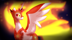 Size: 2927x1610 | Tagged: safe, artist:not-ordinary-pony, character:daybreaker, character:princess celestia, species:alicorn, species:pony, episode:a royal problem, g4, my little pony: friendship is magic, evil, female, glowing eyes, helmet, looking back, mare, solo, spread wings, wings
