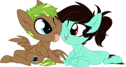 Size: 1024x546 | Tagged: safe, artist:kellythedrawinguni, oc, oc only, species:earth pony, species:pegasus, species:pony, chibi, female, male, mare, one eye closed, simple background, stallion, tongue out, transparent background, underhoof