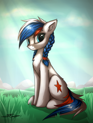 Size: 900x1200 | Tagged: safe, artist:setharu, oc, oc only, oc:marussia, species:pony, nation ponies, looking at you, ponified, russia, scenery, sitting, solo