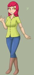 Size: 1885x4145 | Tagged: safe, artist:wolfy-pony, character:apple bloom, species:human, absurd resolution, clothing, colored pupils, female, humanized, older, pants, shirt, simple background, smiling, solo