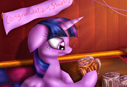 Size: 3200x2200 | Tagged: safe, artist:eifiechan, character:twilight sparkle, character:twilight sparkle (alicorn), species:alicorn, species:pony, alcohol, banner, commission, drink, drunk, drunk twilight, female, floppy ears, glass, mare, solo
