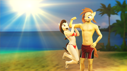 Size: 3840x2160 | Tagged: safe, artist:willitfit, oc, oc only, oc:cookie dough, oc:fleet wing, species:anthro, species:plantigrade anthro, 3d, barefoot, beach, clothing, feet, fleetdough, partial nudity, source filmmaker, sunflare, swimsuit, topless, trunks