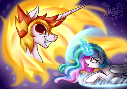 Size: 2300x1600 | Tagged: safe, artist:jack-pie, character:daybreaker, character:princess celestia, species:alicorn, species:pony, episode:a royal problem, g4, my little pony: friendship is magic, duality, duo, evil grin, fangs, female, grin, looking at each other, mare, smiling