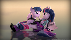 Size: 3840x2160 | Tagged: safe, artist:imafutureguitarhero, character:twilight sparkle, character:twilight sparkle (alicorn), species:alicorn, species:pony, my little pony:equestria girls, 3d, adidas, clothing, hoodie, human ponidox, leg warmers, looking at each other, lying down, lying on top of someone, on back, open mouth, petting, ponidox, ponied up, reflection, self ponidox, shoes, skirt, smiling, source filmmaker, tracksuit