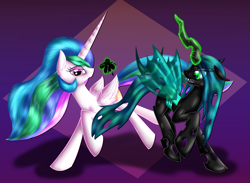 Size: 3000x2200 | Tagged: safe, artist:eifiechan, character:princess celestia, character:queen chrysalis, species:alicorn, species:changeling, species:pony, changeling queen, duo, fangs, female, glowing horn, looking at you, magic, mare, missing accessory, smiling