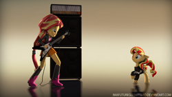Size: 1600x900 | Tagged: safe, artist:imafutureguitarhero, character:sunset shimmer, species:pony, my little pony:equestria girls, 3d, adidas, amplifier, boots, cable, clothing, cute, floppy ears, flying v, gibson flying v, guitar, high heel boots, hoodie, human ponidox, jacket, leather jacket, musician, ponidox, ponied up, raised hoof, reflection, self ponidox, skirt, source filmmaker, sunset shredder, tracksuit, wide eyes