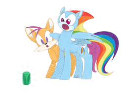 Size: 2035x1535 | Tagged: safe, artist:ogaraorcynder, character:rainbow dash, character:scootaloo, character:sonic the hedgehog, species:pegasus, species:pony, crossover, duo, emerald, female, gasp, hybrid, miles "tails" prower, mineral, open mouth, sonic the hedgehog (series), sonicified, wat, wingding eyes