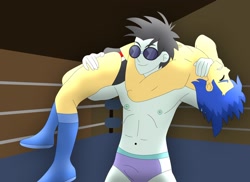 Size: 1600x1163 | Tagged: safe, artist:supermaxx92, character:flash sentry, character:neon lights, character:rising star, my little pony:equestria girls, clothing, fight, male, speedo, trunks, underwear, wrestler, wrestling, wrestling ring