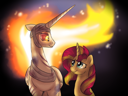 Size: 1224x915 | Tagged: safe, artist:not-ordinary-pony, character:daybreaker, character:princess celestia, character:sunset shimmer, oc, oc:helia, species:alicorn, species:pony, species:unicorn, fanfic:past sins, fanfic:primordial crimes (project helia), episode:a royal problem, g4, my little pony: friendship is magic, alicorn oc, alternate universe, bandage, duo, fanfic, fanfic art, female, looking at each other, mane of fire, mare, primordial crimes (project helia), smiling