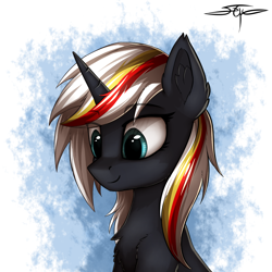 Size: 1000x1000 | Tagged: safe, artist:setharu, oc, oc only, oc:velvet remedy, species:pony, species:unicorn, fallout equestria, abstract background, bust, chest fluff, ear fluff, fanfic, fanfic art, female, fluffy, horn, mare, portrait, signature, smiling, solo