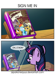 Size: 1675x2268 | Tagged: safe, artist:zsparkonequus, character:daring do, character:quibble pants, character:rainbow dash, character:twilight sparkle, character:twilight sparkle (alicorn), species:alicorn, species:pony, episode:stranger than fanfiction, 2 panel comic, book, comic, dialogue, faec, female, mare, me gusta, silly face, speech bubble