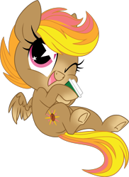Size: 2789x3834 | Tagged: safe, artist:kellythedrawinguni, oc, oc only, oc:mocha sunrise, species:pegasus, species:pony, book, chibi, convention art, everfree northwest, female, high res, mare, one eye closed, simple background, solo, starry eyes, transparent background, underhoof, wingding eyes, wink
