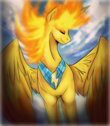 Size: 1642x1873 | Tagged: safe, artist:not-ordinary-pony, character:spitfire, species:alicorn, species:pony, alicornified, beautiful, cloud, female, fire, majestic, mane of fire, mare, not sunset shimmer, race swap, sky, solo, spitfiery, spitfirecorn