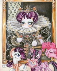 Size: 1080x1349 | Tagged: safe, artist:sararichard, character:pinkie pie, character:rarity, character:twilight sparkle, character:twilight sparkle (alicorn), species:alicorn, species:pony, alternate hairstyle, blushing, clothing, crown, dress, elizabethan, ermine, eyes closed, fine art parody, floppy ears, happy, jewelry, lidded eyes, looking at you, looking up, magic, makeup, open mouth, queen elizabeth i, raised hoof, regalia, ruff (clothing), smiling, smug, telekinesis, the ermine portrait, yawn