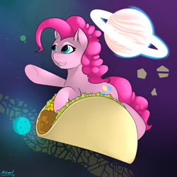 Size: 3000x3000 | Tagged: safe, artist:malamol, character:pinkie pie, species:earth pony, species:pony, cute, diapinkes, female, food, mare, planet, random, smiling, solo, taco, wat