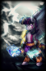 Size: 1294x2000 | Tagged: safe, artist:not-ordinary-pony, character:twilight sparkle, character:twilight sparkle (alicorn), species:alicorn, species:pony, badass, bipedal, crossover, female, god of war, kratos, looking at you, mare, serious, serious face, solo, sword, weapon