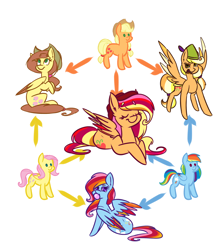 Size: 2300x2600 | Tagged: safe, artist:ogaraorcynder, character:applejack, character:fluttershy, character:rainbow dash, oc, species:earth pony, species:pegasus, species:pony, bubblegum, clothing, colored wings, eyes closed, female, food, fusion, fusion diagram, gum, hat, hexafusion, looking at you, looking back, looking back at you, lying down, mare, multicolored wings, open mouth, simple background, sitting, smiling, spread wings, white background, wings
