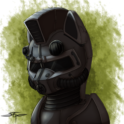 Size: 1000x1000 | Tagged: safe, artist:setharu, oc, oc only, oc:steelhooves, species:earth pony, species:pony, fallout equestria, abstract background, armor, bust, fanfic, fanfic art, male, portrait, power armor, signature, solo, stallion, steel ranger