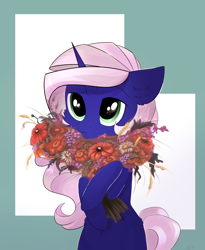 Size: 2480x3020 | Tagged: safe, artist:kebchach, oc, oc only, oc:evening rise, species:pony, species:unicorn, abstract background, big eyes, blue body, flower, green eyes, simple background, solo, white mane