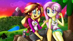 Size: 1920x1080 | Tagged: safe, artist:eifiechan, character:fluttershy, character:sunset shimmer, ship:sunshyne, equestria girls:legend of everfree, g4, my little pony: equestria girls, my little pony:equestria girls, clothing, commission, female, forest, lake, lesbian, mountain, shipping, sitting, sleeveless, smiling, sunset, tank top, twilight (astronomy)