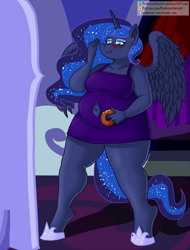 Size: 700x921 | Tagged: safe, artist:professordoctorc, character:princess luna, species:alicorn, species:anthro, species:pony, species:unguligrade anthro, belly button, blushing, chubby, clothing, donut, dress, fat, female, food, navel cutout, obese, princess moonpig, solo, wardrobe malfunction, weight gain