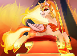 Size: 1100x800 | Tagged: safe, artist:passigcamel, character:daybreaker, character:princess celestia, species:alicorn, species:pony, episode:a royal problem, g4, my little pony: friendship is magic, armor, fangs, female, grin, looking at you, mane of fire, mare, sharp teeth, smiling, solo, teeth, throne
