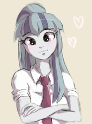 Size: 1009x1365 | Tagged: safe, artist:buttersprinkle, character:sonata dusk, my little pony:equestria girls, blushing, clothing, crossed arms, cute, eyelashes, female, heart, looking at you, necktie, ponytail, school uniform, schoolgirl, simple background, smiling, solo, sonatabetes