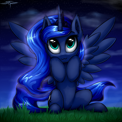 Size: 1000x1000 | Tagged: safe, artist:setharu, character:princess luna, species:alicorn, species:pony, :3, cute, ear fluff, female, grass, lunabetes, mare, night, smiling, solo, spread wings, weapons-grade cute, wings