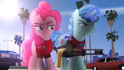 Size: 3840x2160 | Tagged: safe, artist:bastbrushie, character:party favor, character:pinkie pie, species:earth pony, species:pony, species:unicorn, 4k, albany emperor, car, female, grand theft auto, gta online, magic, male, mare, minigun, stallion