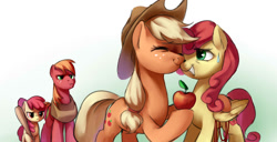 Size: 1560x800 | Tagged: safe, artist:luciferamon, character:apple bloom, character:applejack, character:big mcintosh, character:strawberry sunrise, species:earth pony, species:pegasus, species:pony, episode:honest apple, g4, my little pony: friendship is magic, apple, baseball bat, female, food, imminent abuse, imminent beatdown, intimidating, quartet, this will end in pain and/or tears