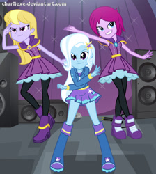 Size: 893x996 | Tagged: safe, artist:charliexe, character:fuchsia blush, character:lavender lace, character:trixie, equestria girls:rainbow rocks, g4, my little pony: equestria girls, my little pony:equestria girls, boots, clothing, female, high heel boots, high heels, hoodie, jacket, looking at you, miniskirt, pantyhose, shoes, skirt, smiling, trio, trixie and the illusions