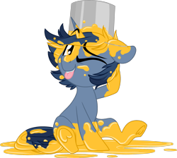 Size: 1893x1693 | Tagged: safe, artist:kellythedrawinguni, oc, oc only, oc:b.b., species:pony, species:unicorn, chibi, foal, male, mess, one eye closed, paint, paint bucket, paint can, paint on fur, silly, silly pony, simple background, solo, stallion, transparent background, underhoof, wink