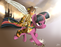 Size: 5000x3864 | Tagged: safe, artist:zelc-face, character:twilight sparkle, species:human, species:pony, species:unicorn, angel, crossover, humanized, humans riding ponies, kid icarus, kid icarus: uprising, pit (kid icarus), riding, winged humanization, wings