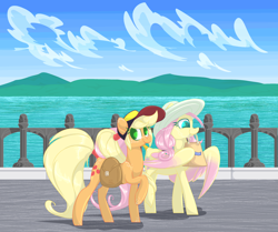Size: 2755x2300 | Tagged: safe, artist:ogaraorcynder, character:applejack, character:fluttershy, species:earth pony, species:pegasus, species:pony, ship:appleshy, alternate hairstyle, aplflu, cap, cinnabon, clothing, cloud, colored wings, cute, female, freckles, hat, jackabetes, lesbian, saddle bag, shipping, shyabetes, sky, smiling, walking, water
