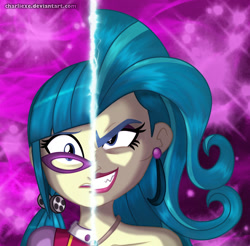 Size: 926x910 | Tagged: safe, artist:charliexe, character:juniper monstar, character:juniper montage, equestria girls:mirror magic, g4, my little pony: equestria girls, my little pony:equestria girls, spoiler:eqg specials, clothing, duality, ear piercing, earring, female, glasses, grin, jewelry, juniper monstar, looking at you, piercing, pigtails, smiling, solo, split screen, two sides