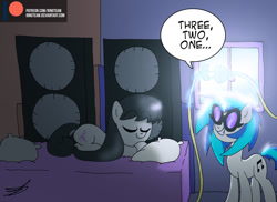 Size: 1024x745 | Tagged: safe, artist:ringteam, character:dj pon-3, character:octavia melody, character:vinyl scratch, species:earth pony, species:pony, species:unicorn, bed, bedroom, cables, dialogue, glasses, morning, patreon, patreon logo, sleeping, speakers, this will end in deafness, this will end in divorce, this will end in pain, this will end in tears, this will not end well, window